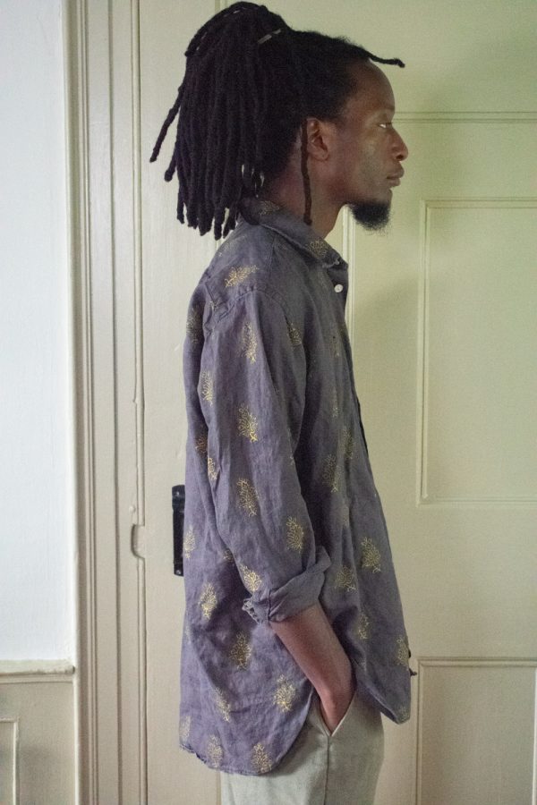 BLOCK-PRINTED COFFEE BROWN LINEN SHIRT - Image 2