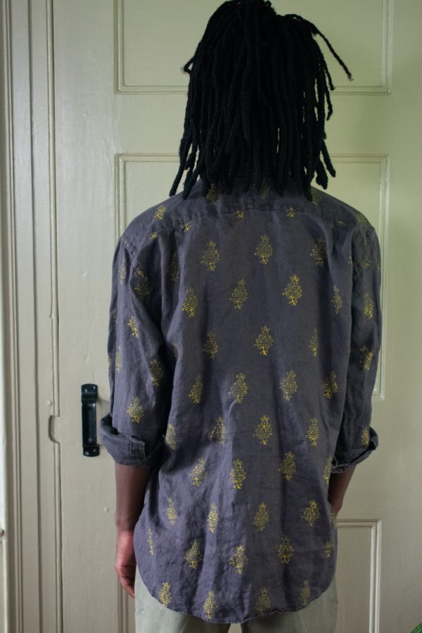 BLOCK-PRINTED COFFEE BROWN LINEN SHIRT - Image 3