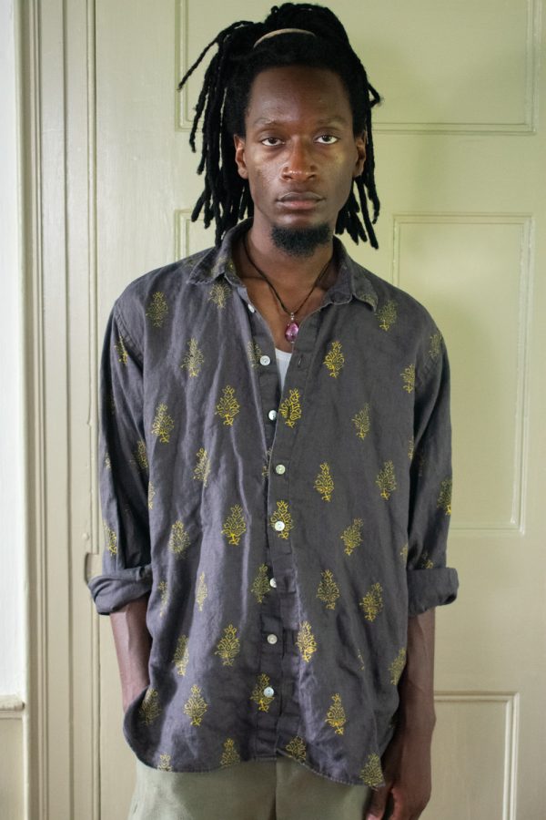 BLOCK-PRINTED COFFEE BROWN LINEN SHIRT