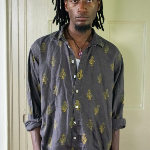 BLOCK-PRINTED COFFEE BROWN LINEN SHIRT