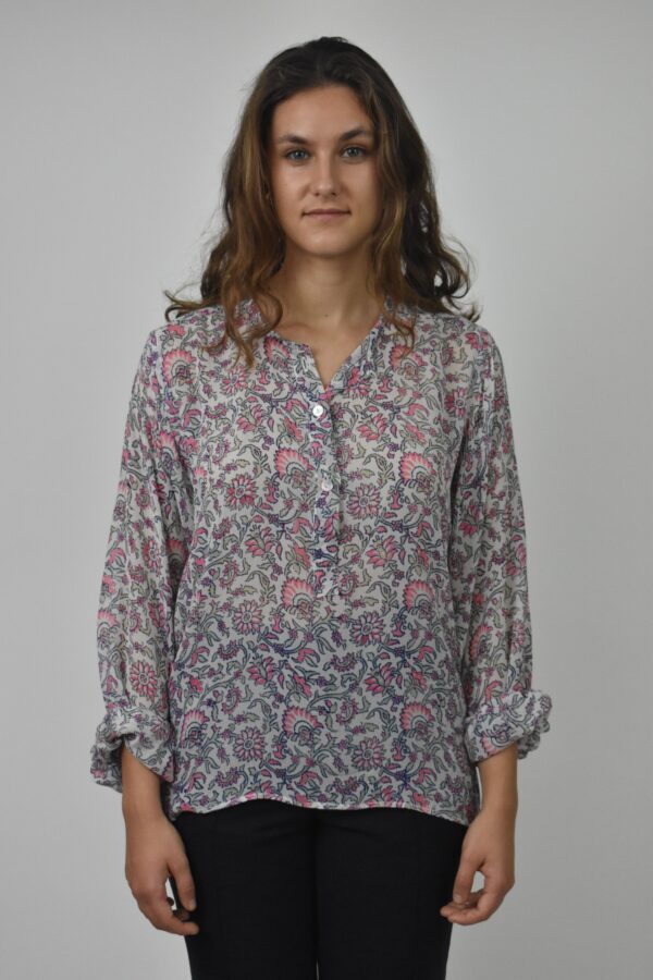 WOOD BLOCK PRINTED CHIFFON SILK BLOUSE 1 WOOD BLOCK PRINTED CHIFFON SILK BLOUSE