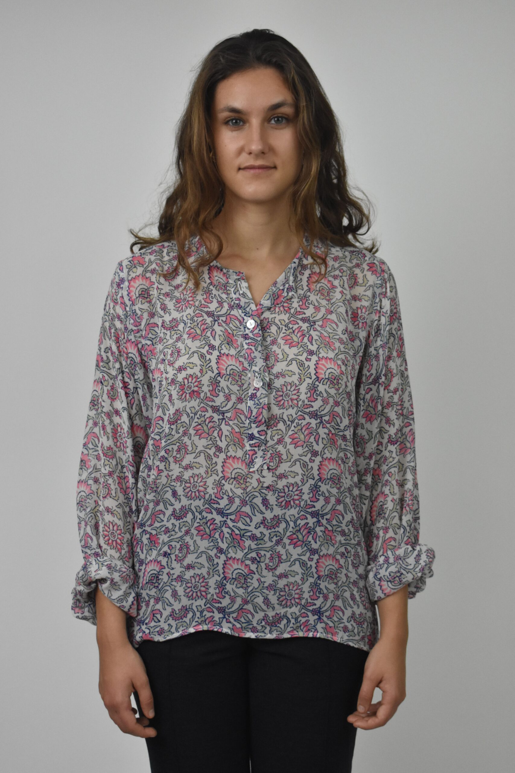 WOOD BLOCK PRINTED CHIFFON SILK BLOUSE 1 WOOD BLOCK PRINTED CHIFFON SILK BLOUSE