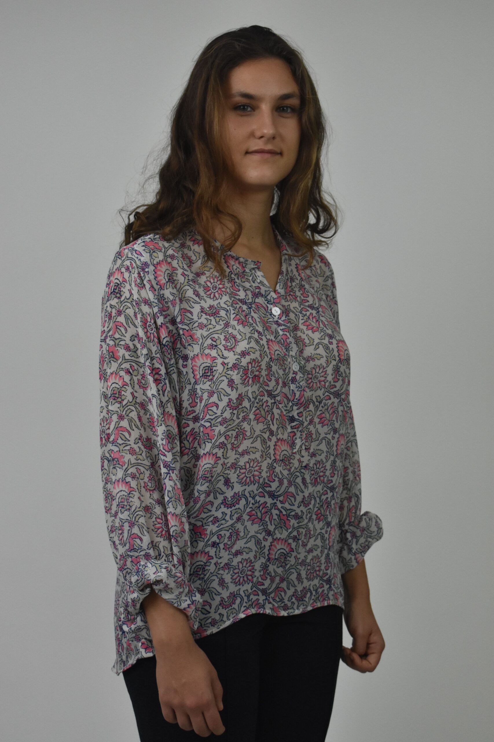 WOOD BLOCK PRINTED CHIFFON SILK BLOUSE 2 WOOD BLOCK PRINTED CHIFFON SILK BLOUSE - Image 2