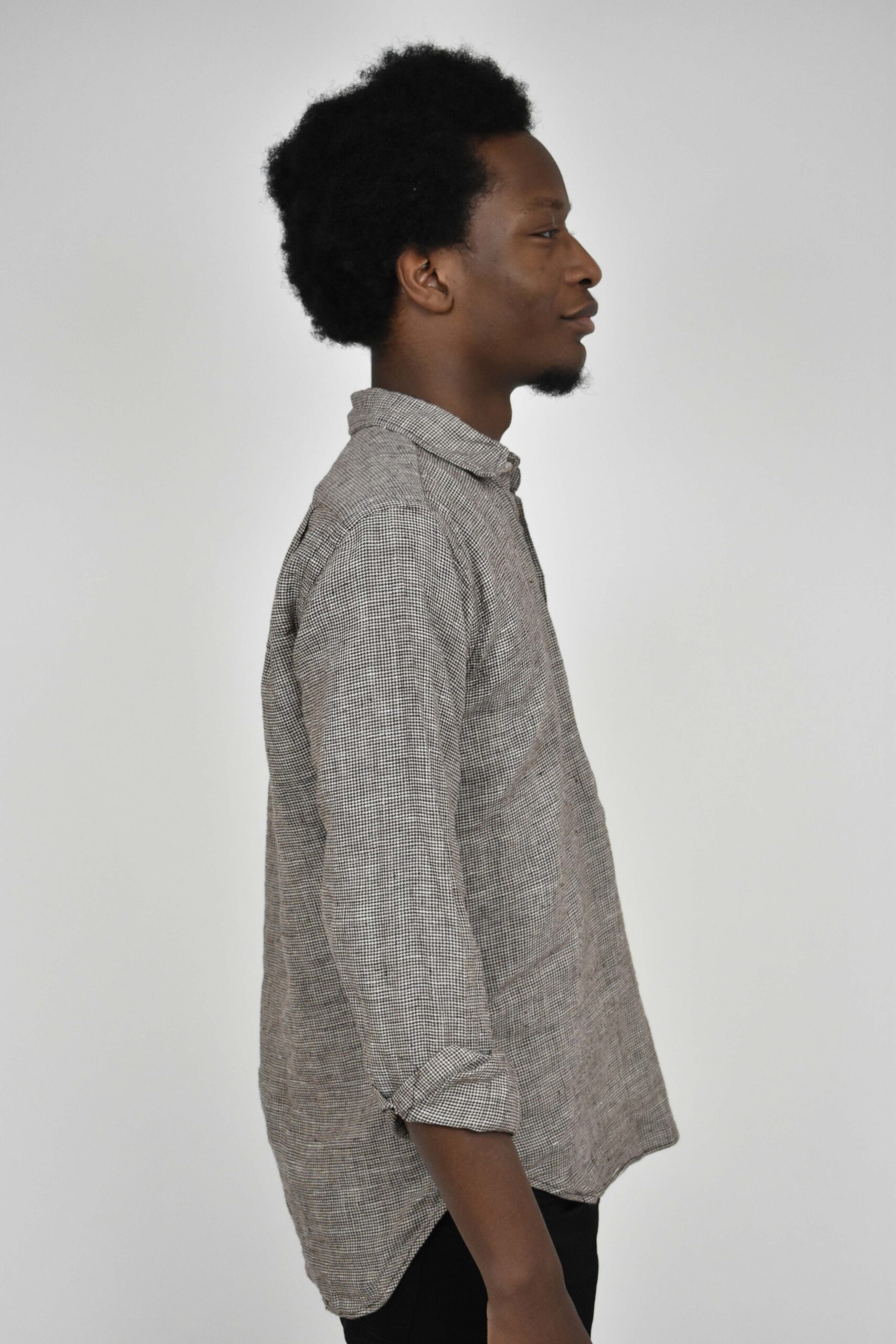 POPOVER SHIRT IN BROWN PUPPY-TOOTH LINEN 2 POPOVER SHIRT IN BROWN PUPPY-TOOTH LINEN - Image 2
