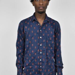 BLOCK-PRINTED NAVY LINEN SHIRT