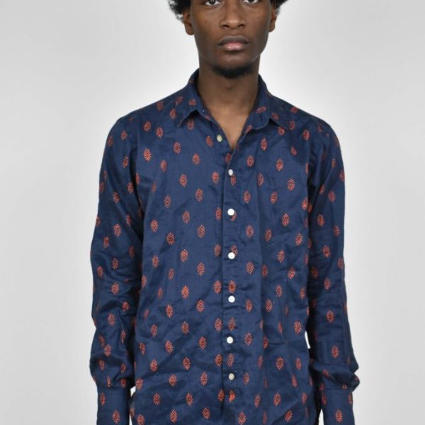 BLOCK-PRINTED NAVY LINEN SHIRT