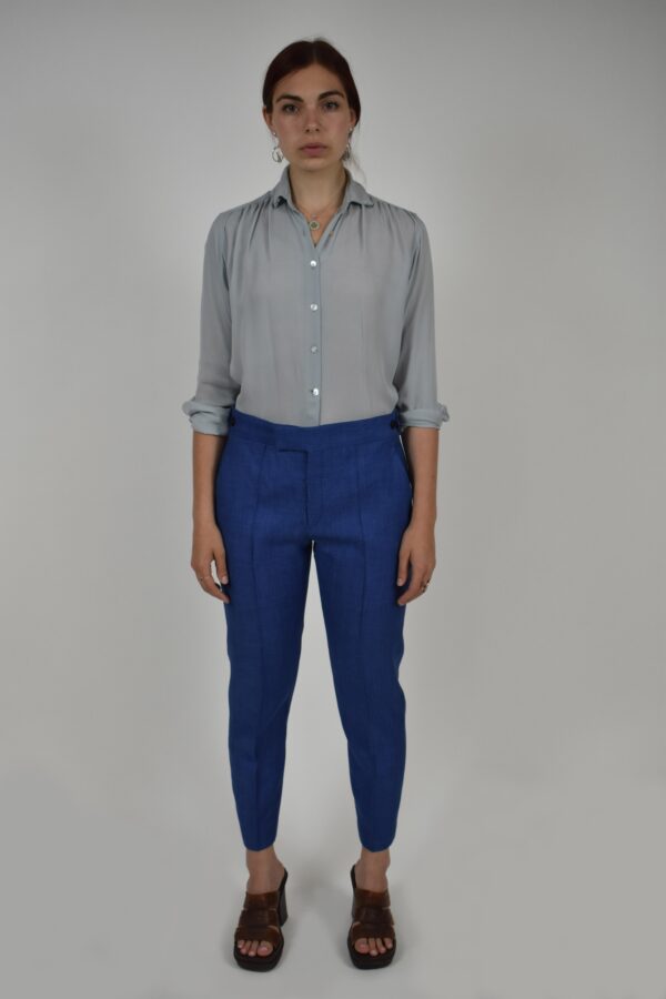 PINTUCKED PANTS IN BLUE HERRINGBONE WOOL-LINEN 1 PINTUCKED PANTS IN BLUE HERRINGBONE WOOL-LINEN