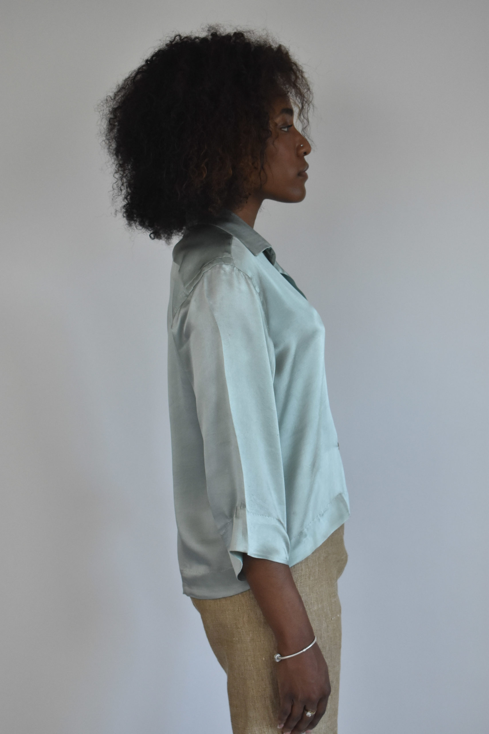 CROPPED SHIRT IN BLUEISH-MINT CHARMEUSE SILK 3 CROPPED SHIRT IN BLUEISH-MINT CHARMEUSE SILK - Image 3