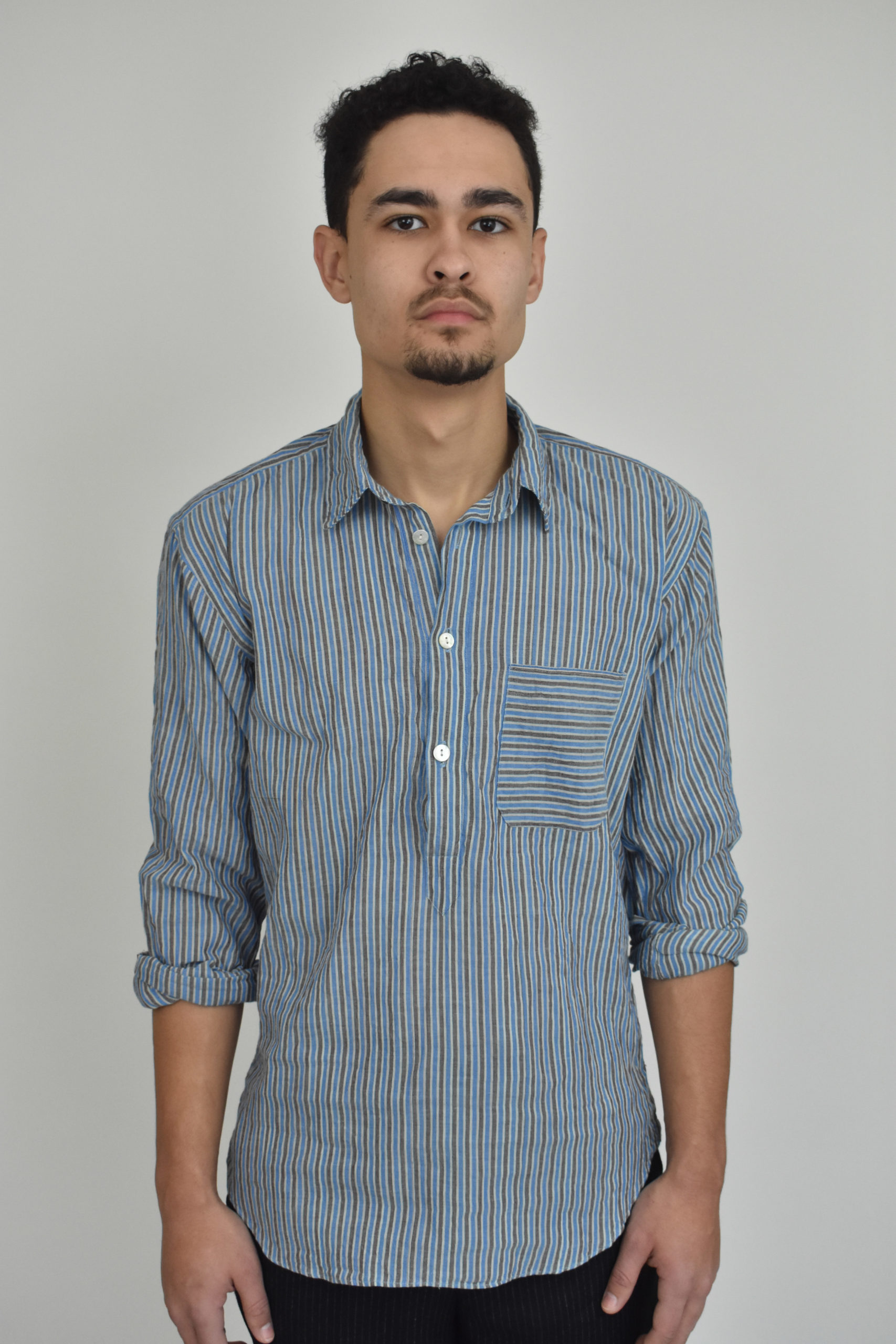 POPOVER SHIRT IN BLUE STRIPED HANDLOOMED COTTON 1