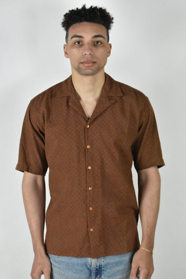 CAMP COLLAR SHIRT IN BROWN HANDLOOMED COTTON 1 CAMP COLLAR SHIRT IN BROWN HANDLOOMED COTTON