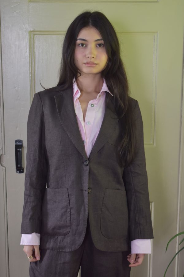 TWO BUTTON JACKET IN DARK BROWN LINEN 1 TWO BUTTON JACKET IN DARK BROWN LINEN